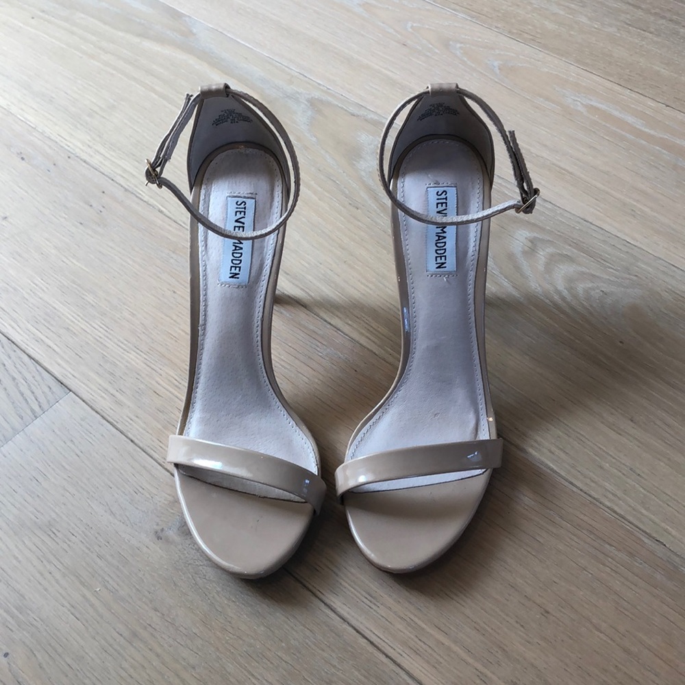 Steve Madden nude patent leather strappy sandals.